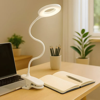 Lampada LED da lettura con collo a cigno e clip, ricaricabile USB e regolabile per uso da tavolo
