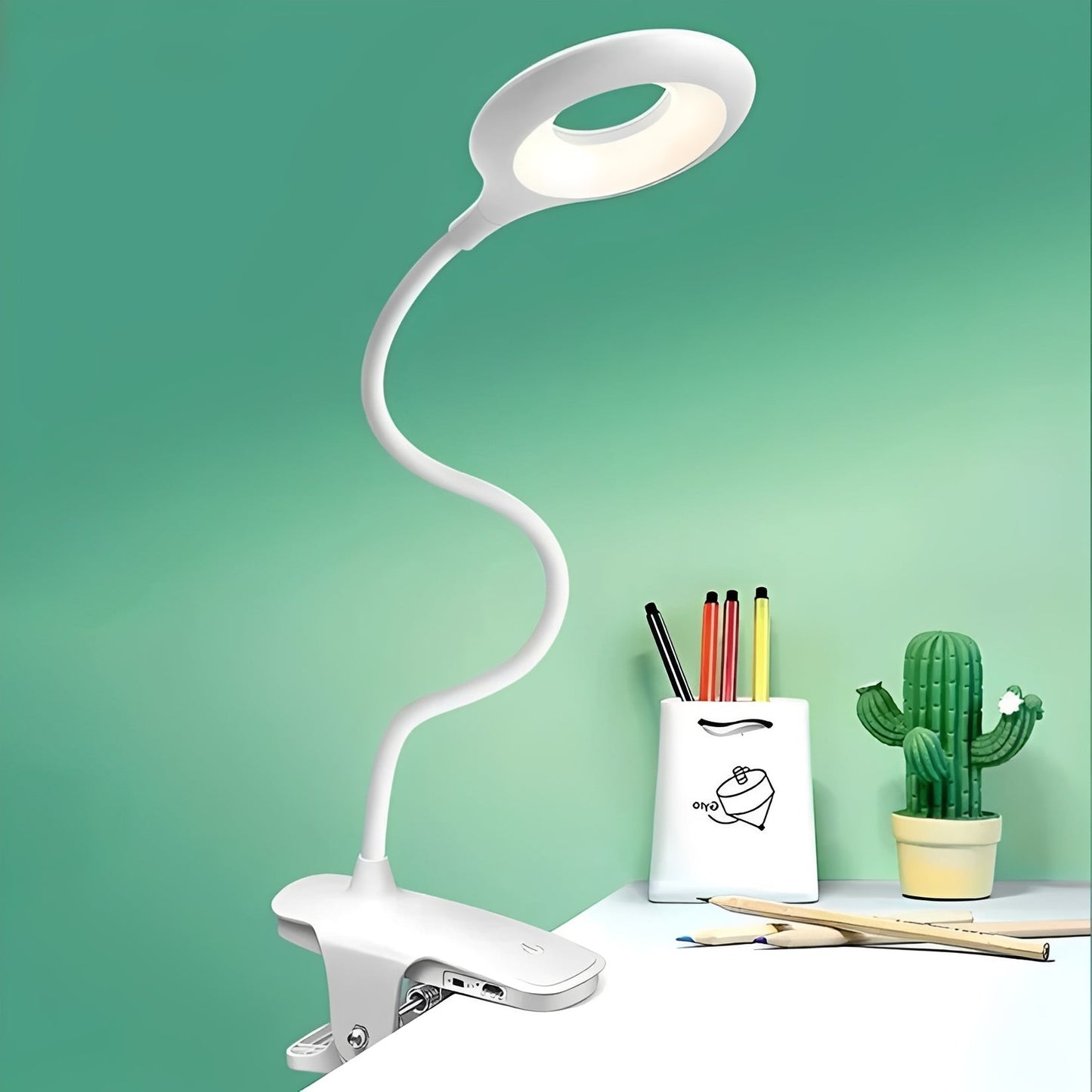 Lampada LED da lettura con collo a cigno e clip, ricaricabile USB e regolabile per uso da tavolo