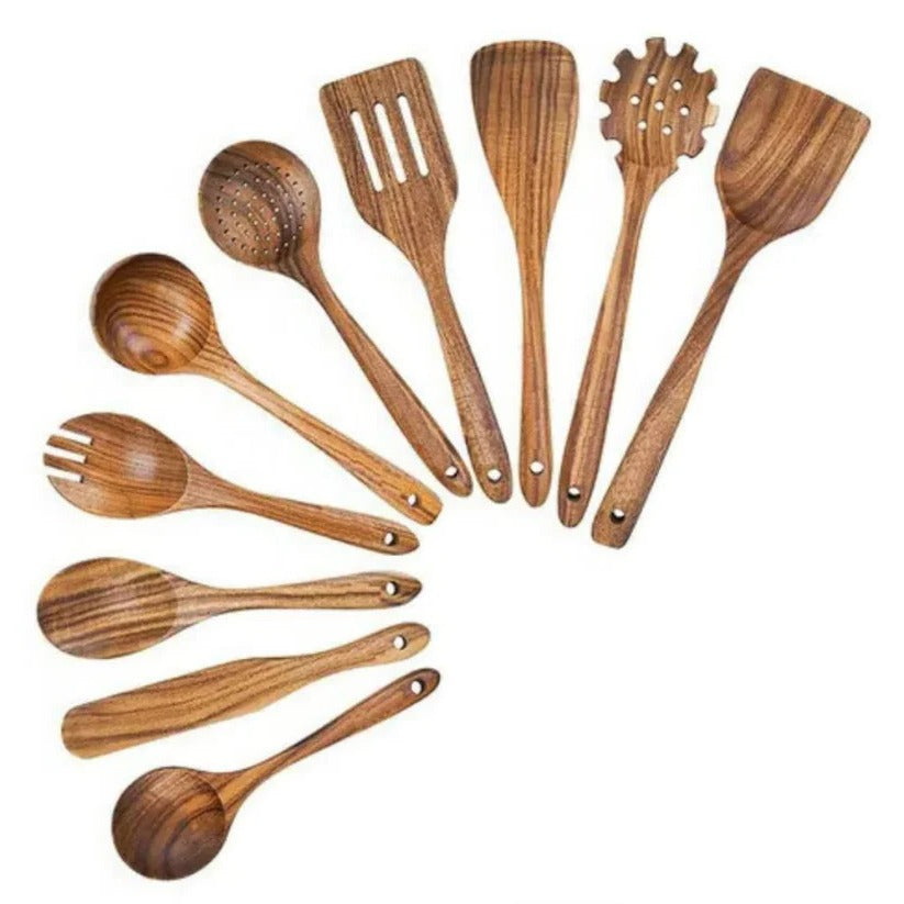 Set di utensili da cucina in legno di acacia naturale per uso in cucina