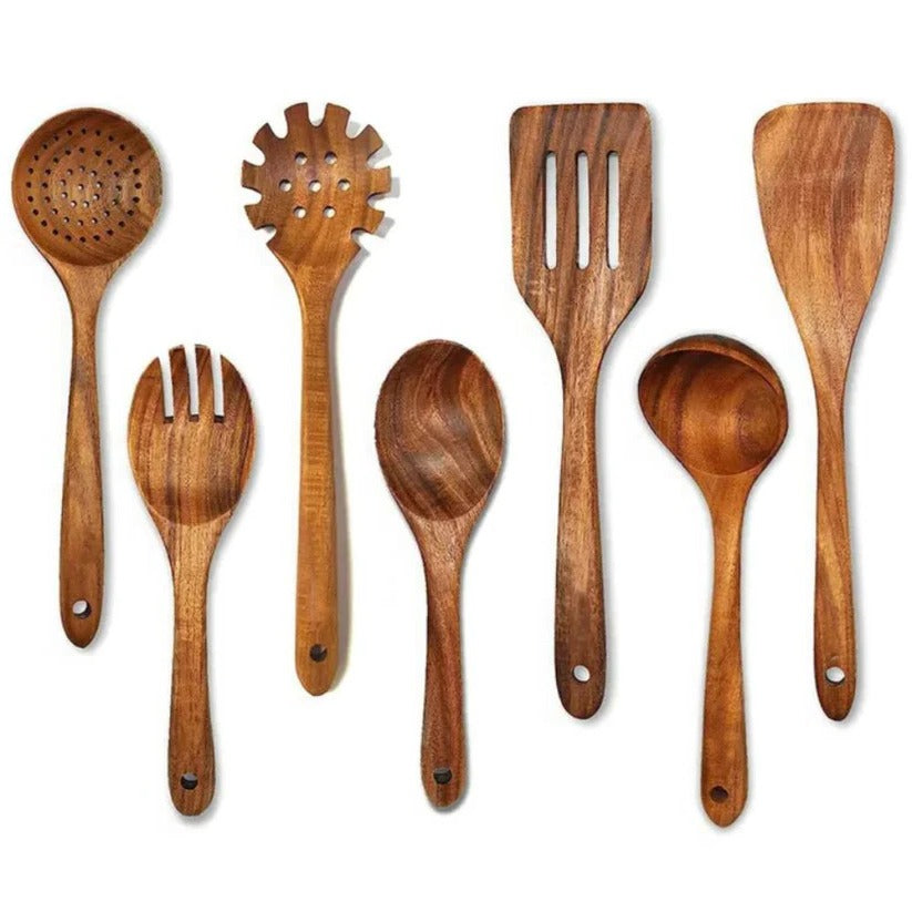 Set di utensili da cucina in legno di acacia naturale per uso in cucina