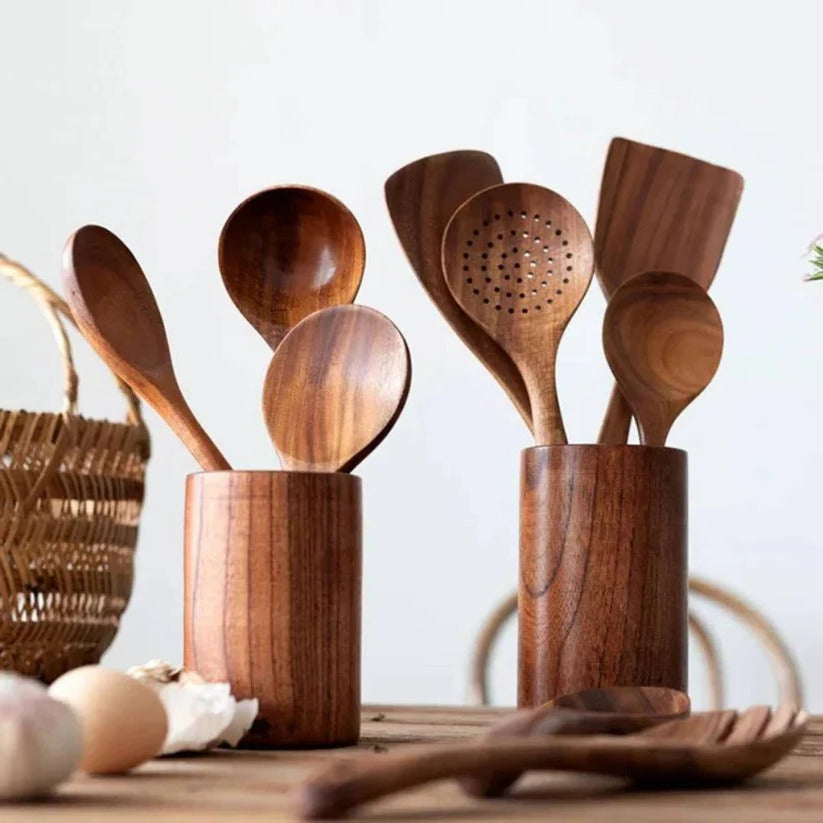 Set di utensili da cucina in legno di acacia naturale per uso in cucina