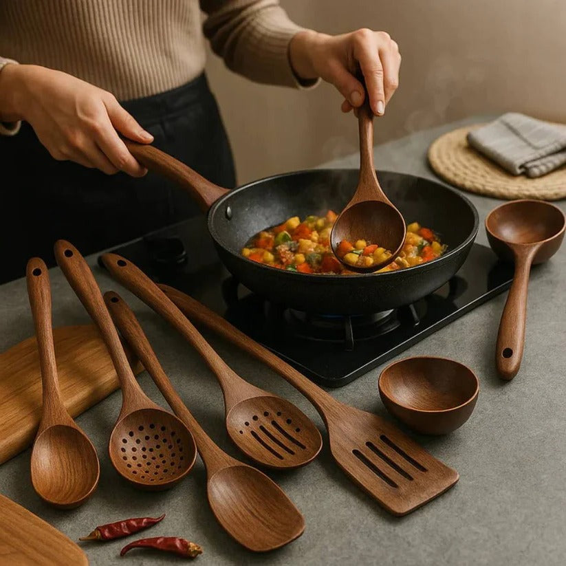 Set di utensili da cucina in legno di acacia naturale per uso in cucina