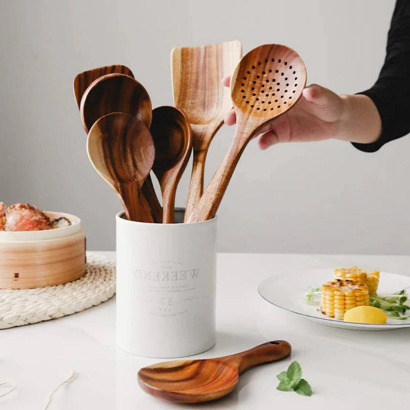 Set di utensili da cucina in legno di acacia naturale per uso in cucina