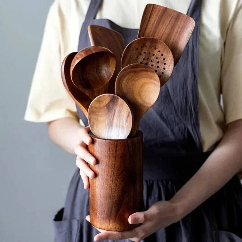 Set di utensili da cucina in legno di acacia naturale per uso in cucina