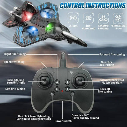 Aereo RC da acrobazie giocattolo con capovolgimenti a 360° e luci LED per bambini