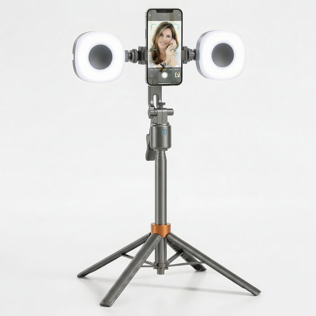 Supporto per telefono con tracciamento automatico intelligente e treppiede con luci di riempimento doppie per streaming in diretta e vlogging