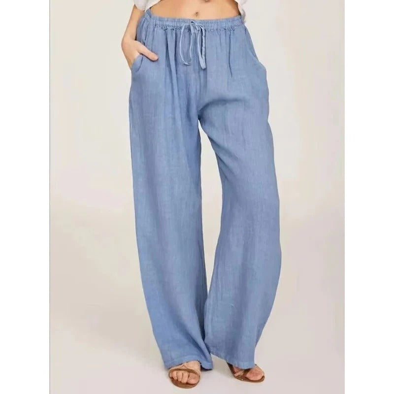 Pantaloni da donna a gamba larga in lino misto con vita elastica e tasche