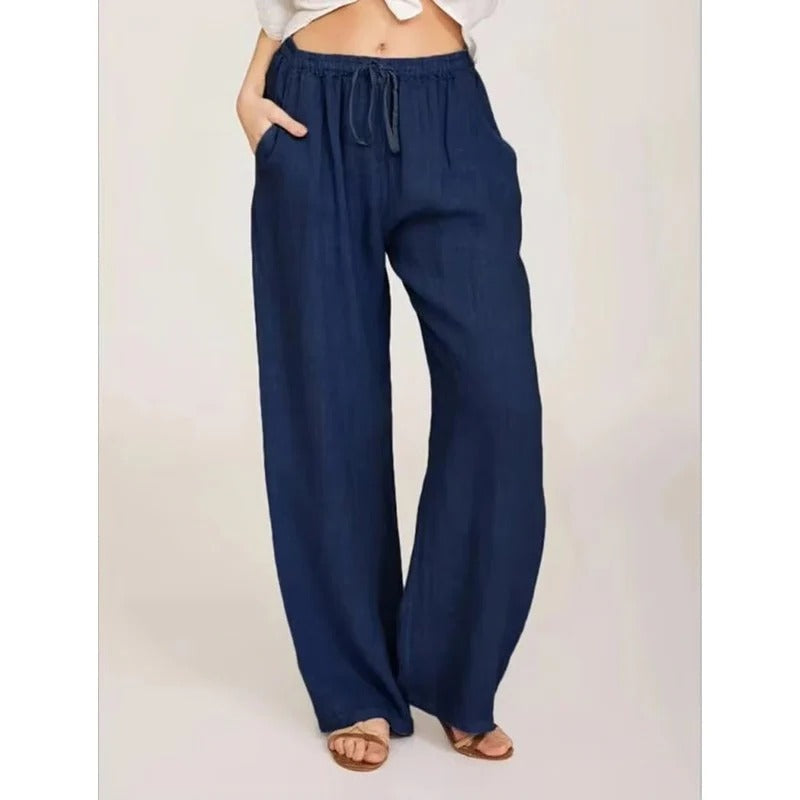 Pantaloni da donna a gamba larga in lino misto con vita elastica e tasche