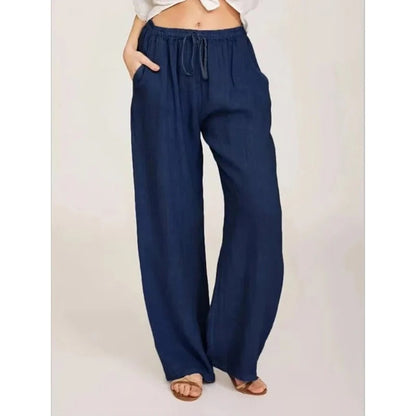 Pantaloni da donna a gamba larga in lino misto con vita elastica e tasche