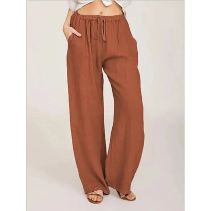 Pantaloni da donna a gamba larga in lino misto con vita elastica e tasche