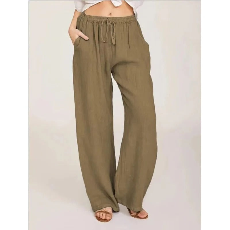 Pantaloni da donna a gamba larga in lino misto con vita elastica e tasche