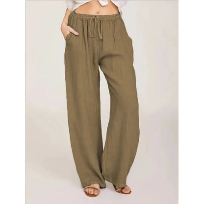 Pantaloni da donna a gamba larga in lino misto con vita elastica e tasche