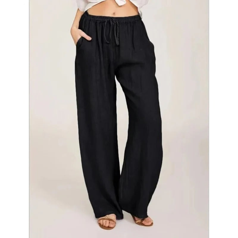 Pantaloni da donna a gamba larga in lino misto con vita elastica e tasche