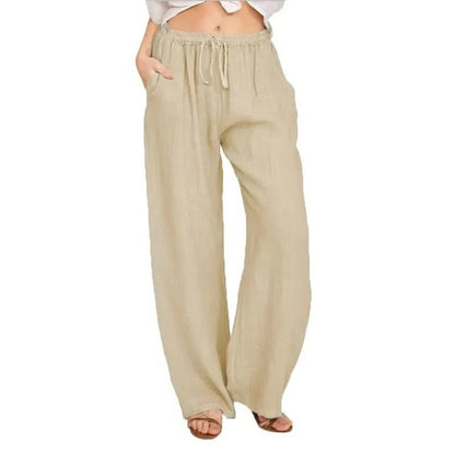 Pantaloni da donna a gamba larga in lino misto con vita elastica e tasche