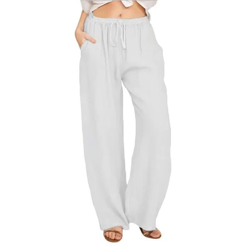 Pantaloni da donna a gamba larga in lino misto con vita elastica e tasche