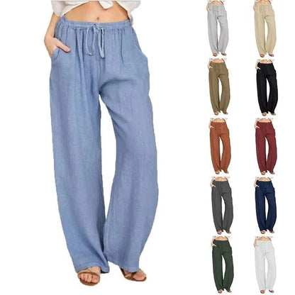 Pantaloni da donna a gamba larga in lino misto con vita elastica e tasche