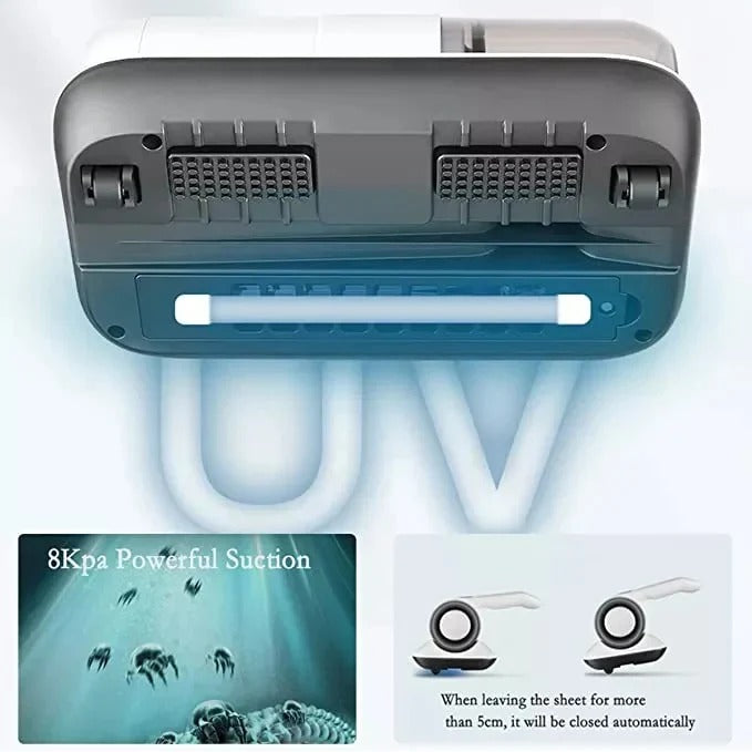 Aspirapolvere portatile per letto con luce UV e funzionamento senza fili