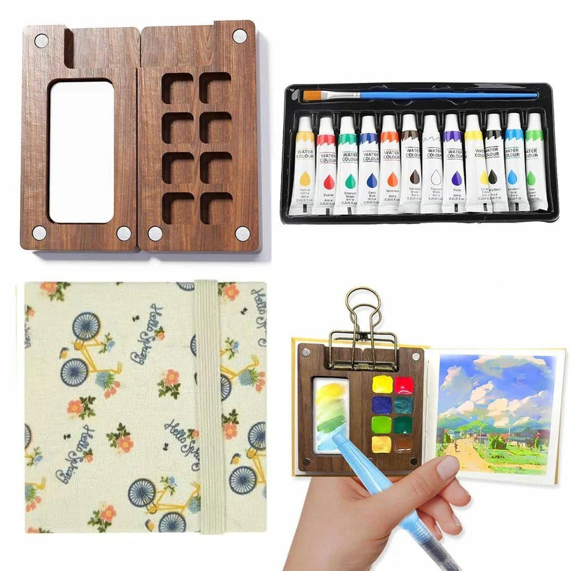 Set di acquerelli portatile da viaggio con mini tavolozza, pennello e taccuino per schizzi