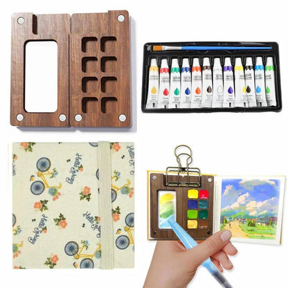 Set di acquerelli portatile da viaggio con mini tavolozza, pennello e taccuino per schizzi