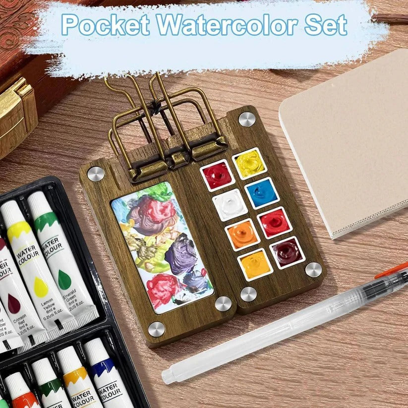 Set di acquerelli portatile da viaggio con mini tavolozza, pennello e taccuino per schizzi