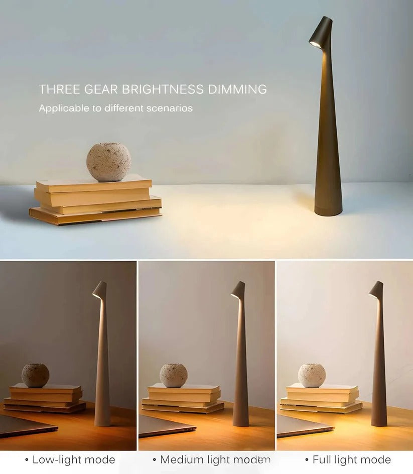Lampada da tavolo in alluminio regolabile, alimentata via USB, con base ricaricabile e portatile
