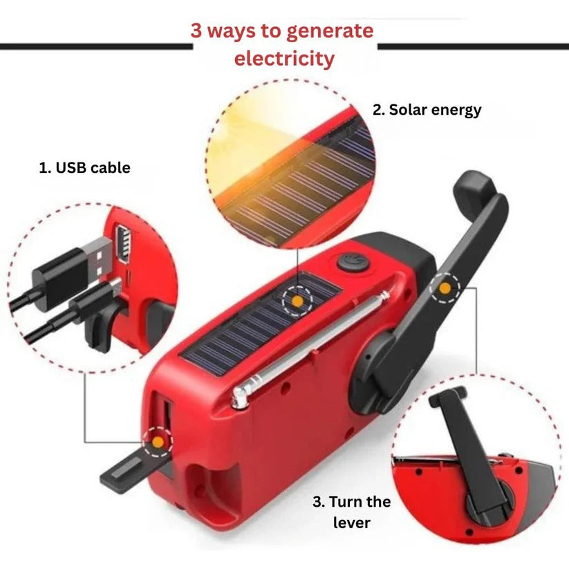 Radio d'emergenza solare a manovella con power bank integrato