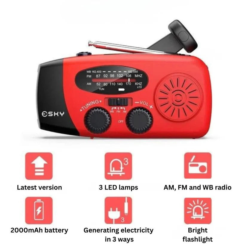 Radio d'emergenza solare a manovella con power bank integrato