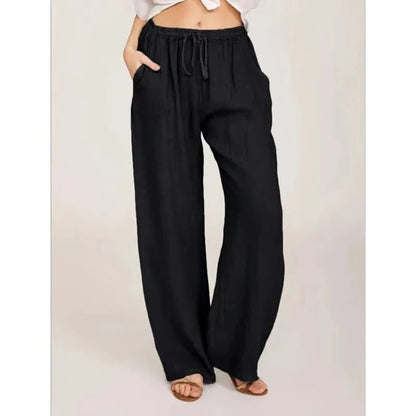 Pantaloni da donna a gamba larga in lino misto con vita elastica e tasche