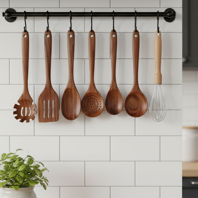 Set di utensili da cucina in legno di teak - Utensili da cucina eleganti per gadget da cucina moderni