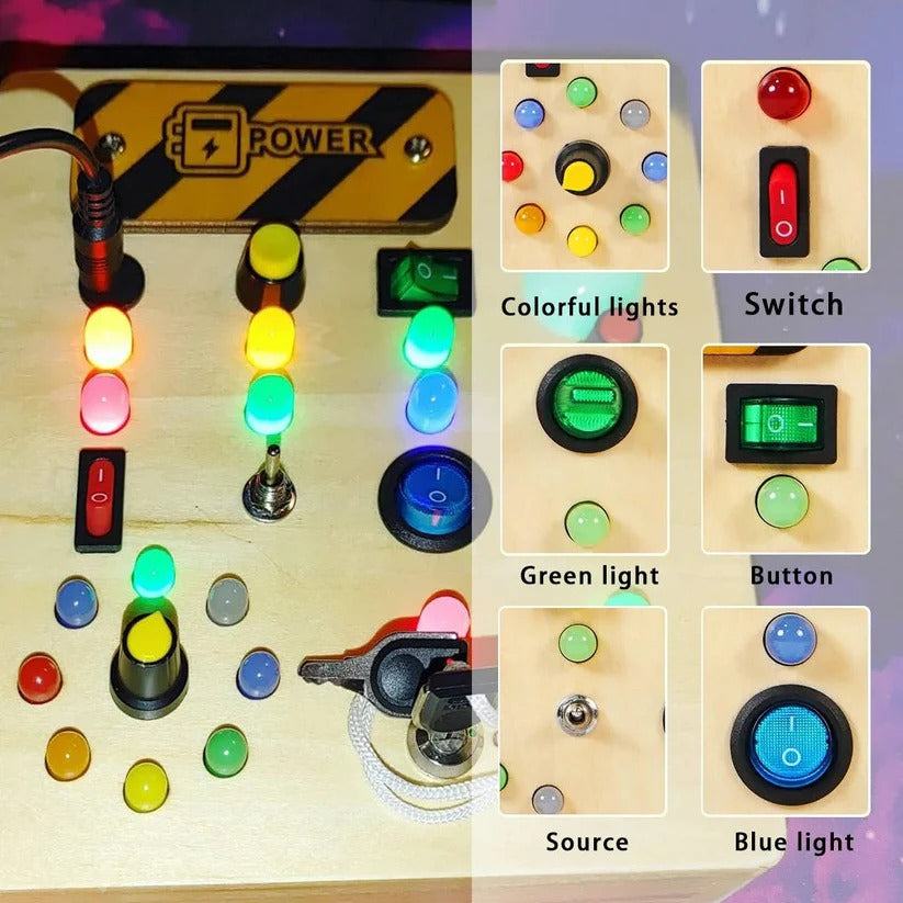 Pannello di interruttori in legno Montessori con luci LED per bambini piccoli