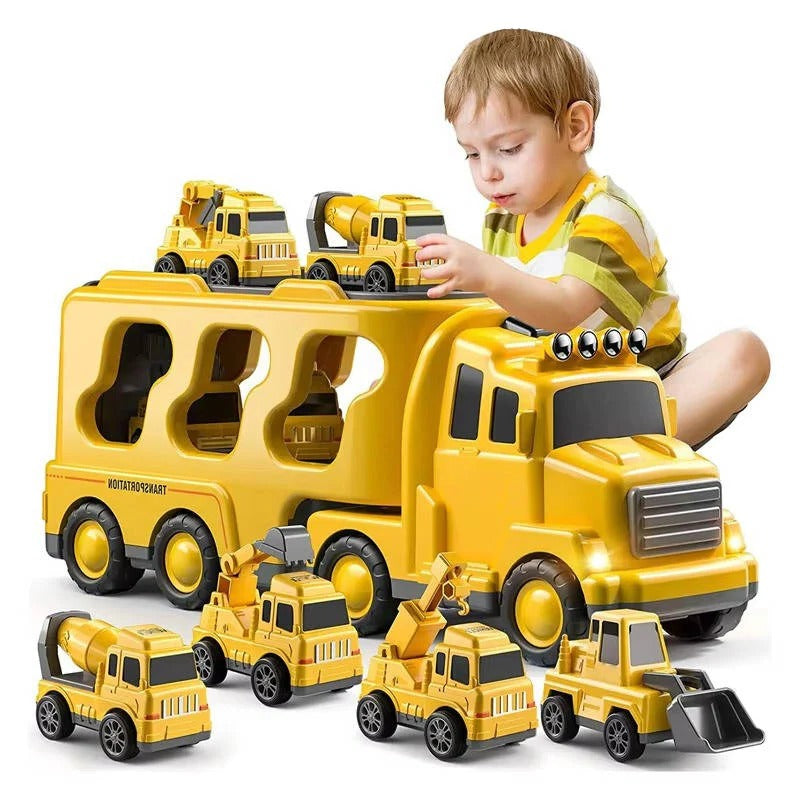 Set di camion da costruzione giocattolo con portacarri e rampa, 5 pezzi