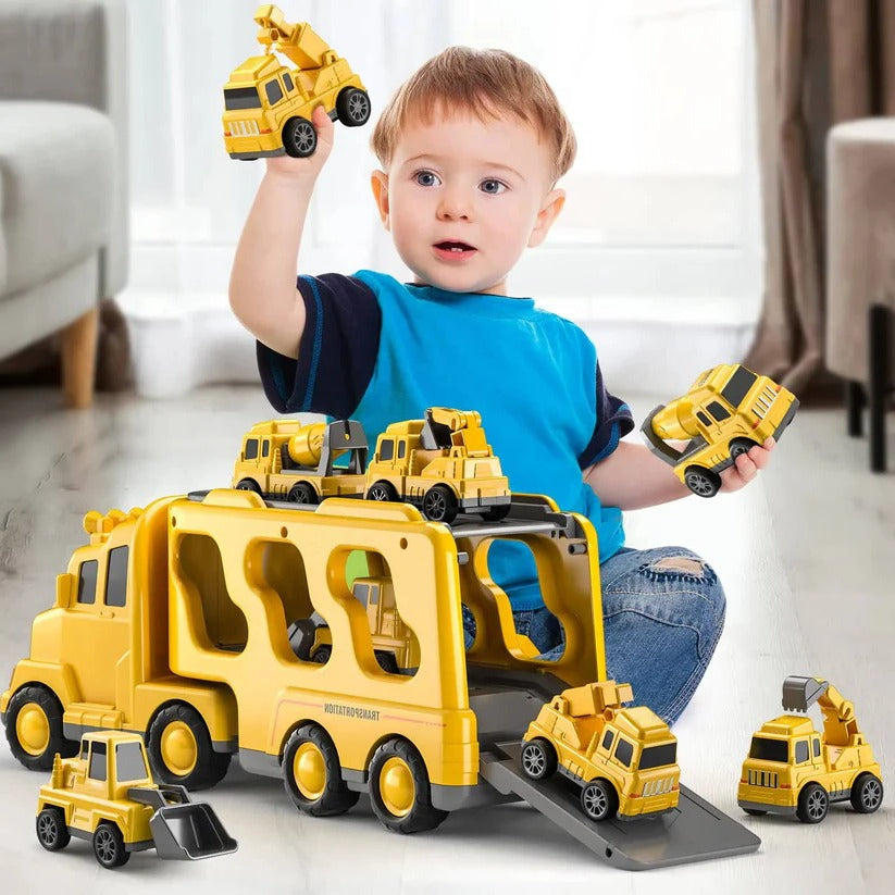 Set di camion da costruzione giocattolo con portacarri e rampa, 5 pezzi