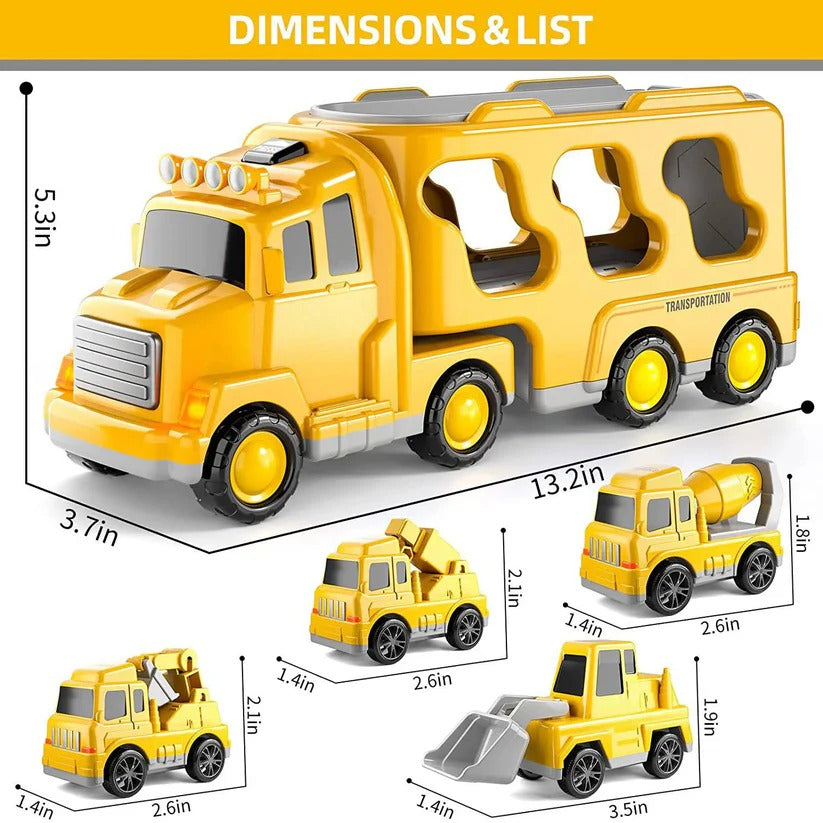 Set di camion da costruzione giocattolo con portacarri e rampa, 5 pezzi