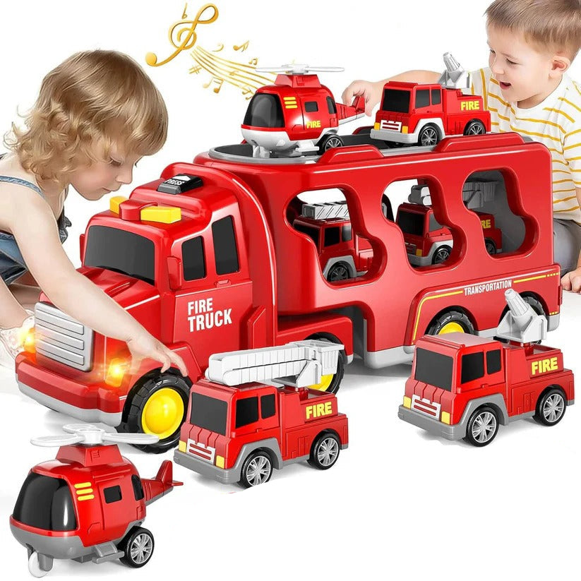 Set di giocattoli per il trasporto di camion dei pompieri con luci e 4 veicoli a frizione e un elicottero