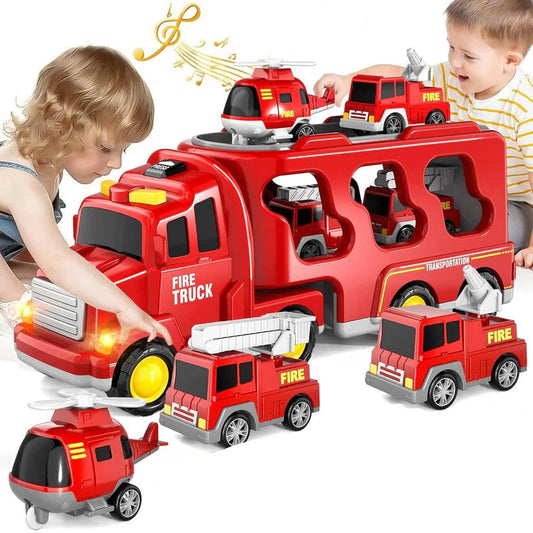 Set di giocattoli per il trasporto di camion dei pompieri con luci e 4 veicoli a frizione e un elicottero