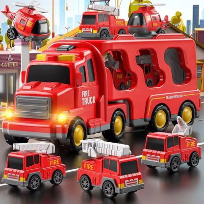 Set di giocattoli per il trasporto di camion dei pompieri con luci e 4 veicoli a frizione e un elicottero