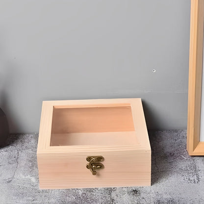 Scatola quadrata in legno con coperchio a cerniera per gioielli e oggetti da scrivania