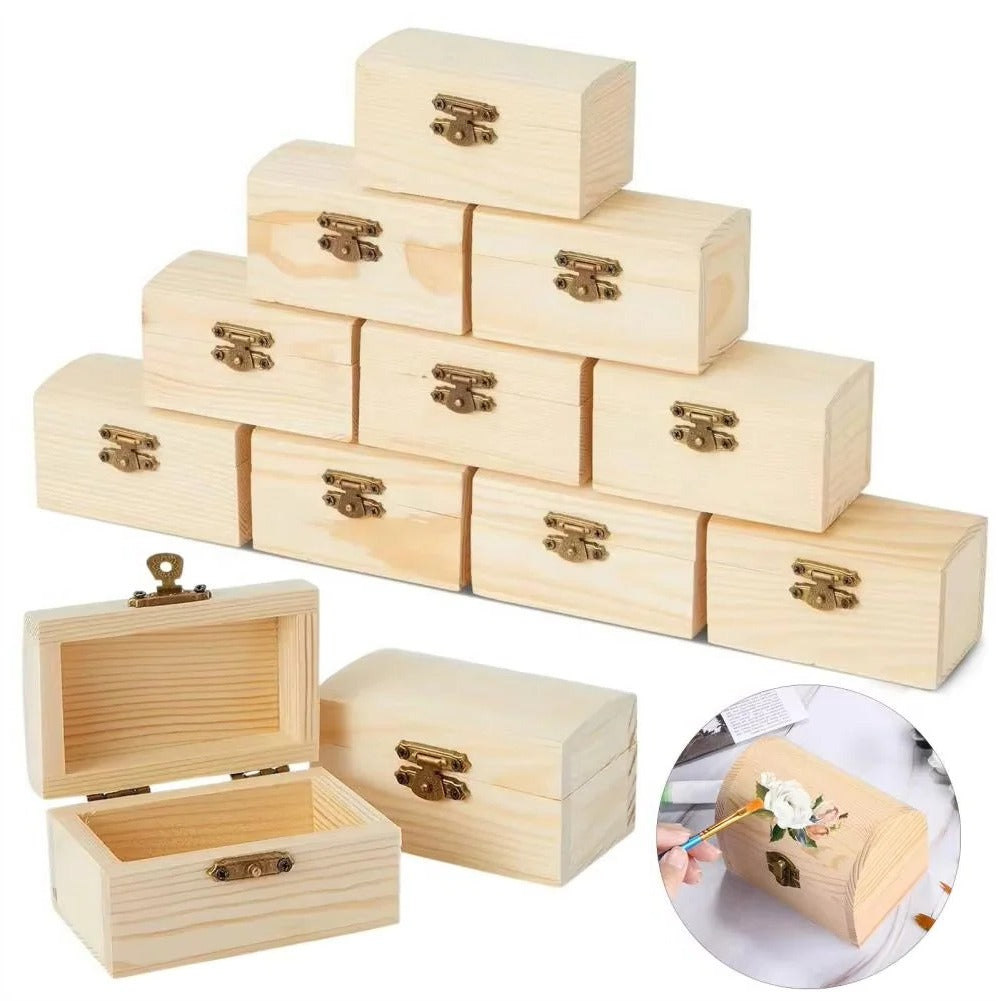 Scrigno del tesoro in legno di pino con coperchio incernierato e chiusura a lucchetto per progetti fai-da-te