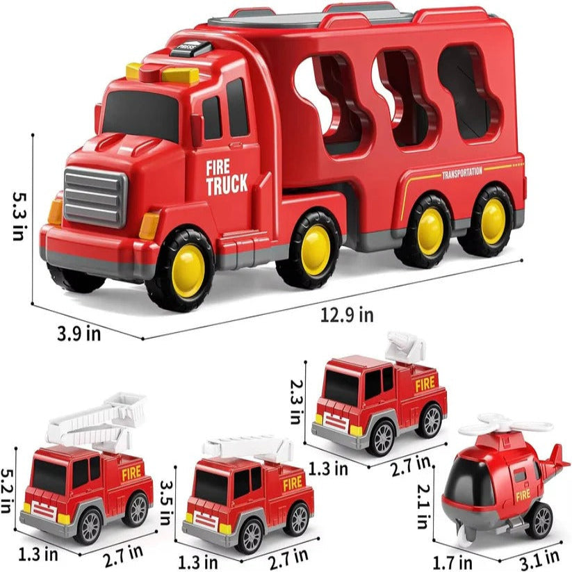Set di giocattoli per il trasporto di camion dei pompieri con luci e 4 veicoli a frizione e un elicottero