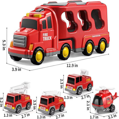 Set di giocattoli per il trasporto di camion dei pompieri con luci e 4 veicoli a frizione e un elicottero