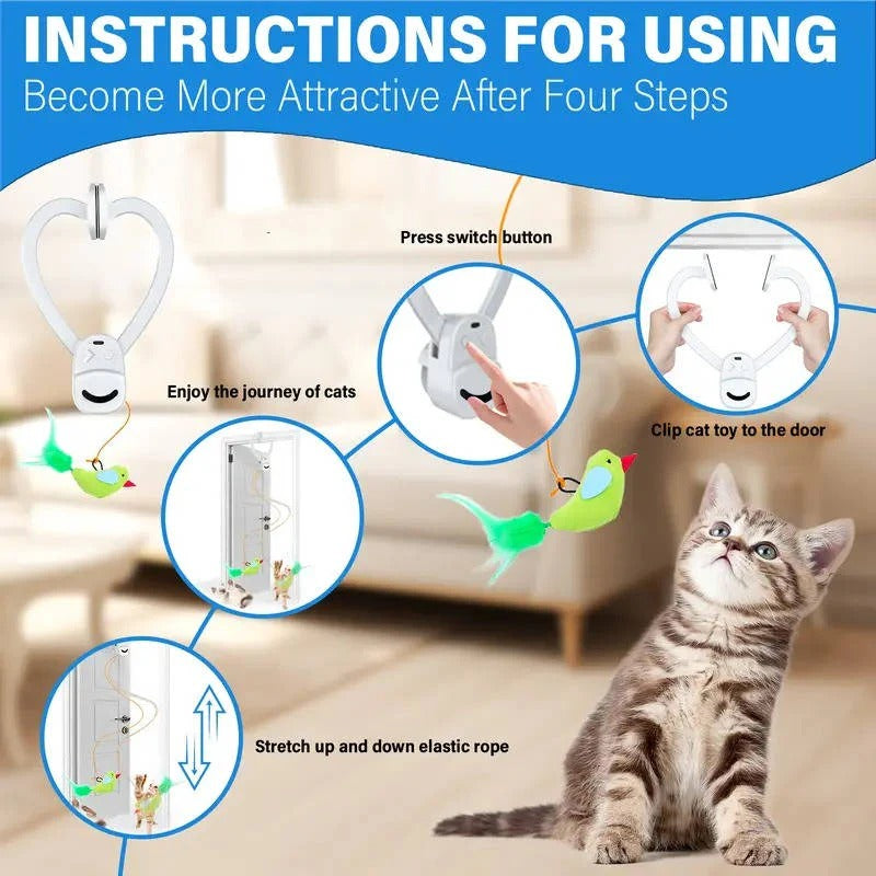 Giocattolo per gatti automatico con piume rotanti, montaggio a clip e timer integrato