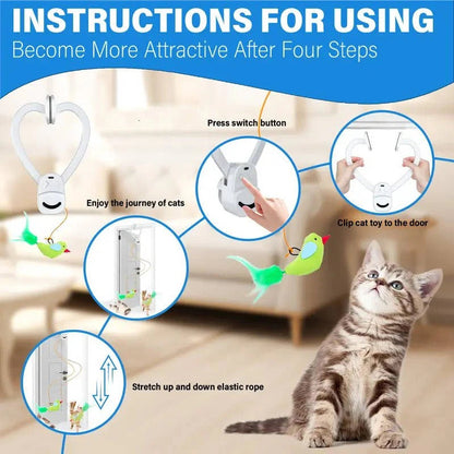 Giocattolo per gatti automatico con piume rotanti, montaggio a clip e timer integrato