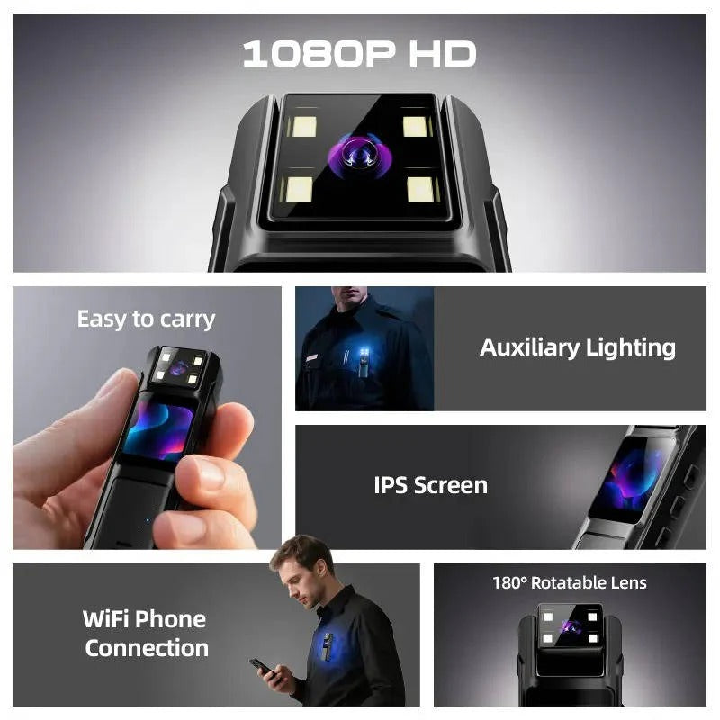 Camera corporea indossabile 1080P con visione notturna, rilevamento del movimento e lente grandangolare rotante