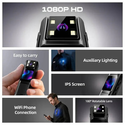 Camera corporea indossabile 1080P con visione notturna, rilevamento del movimento e lente grandangolare rotante