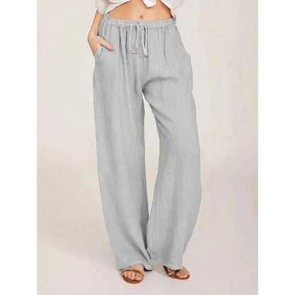 Pantaloni da donna a gamba larga in lino misto con vita elastica e tasche
