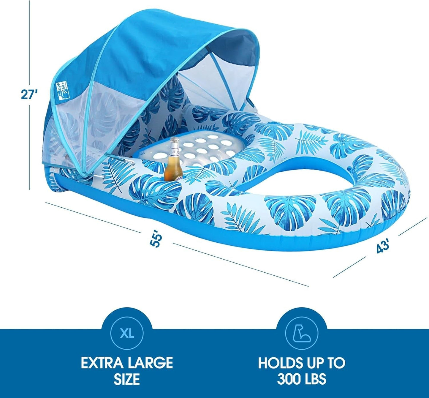Sdraio gonfiabile da piscina con tenda parasole, porta bicchieri, schienale e poggiapiedi per adulti, ad alta resistenza