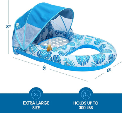 Sdraio gonfiabile da piscina con tenda parasole, porta bicchieri, schienale e poggiapiedi per adulti, ad alta resistenza