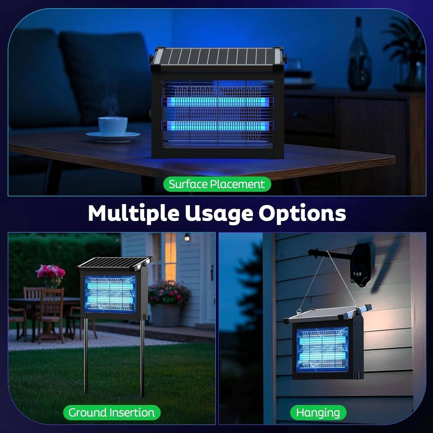 Cattura insetti solare per esterni, zapper wireless portatile per campeggio per zanzare; trappole per mosche per cortile, patio, giardino e RV (circa 325 m² / 3500 ft²)