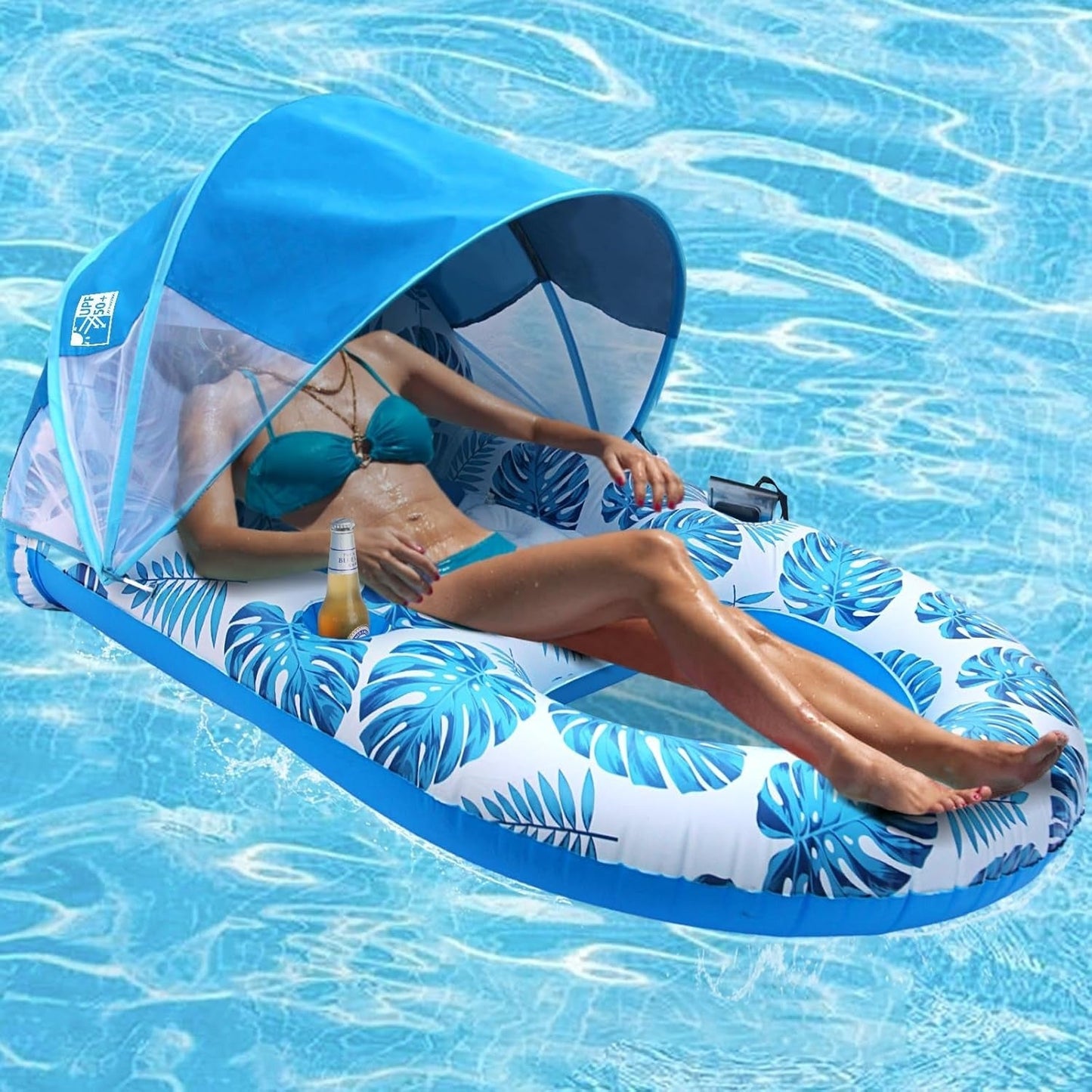Sdraio gonfiabile da piscina con tenda parasole, porta bicchieri, schienale e poggiapiedi per adulti, ad alta resistenza