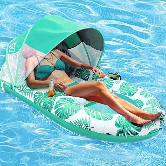 Sdraio gonfiabile da piscina con tenda parasole, porta bicchieri, schienale e poggiapiedi per adulti, ad alta resistenza